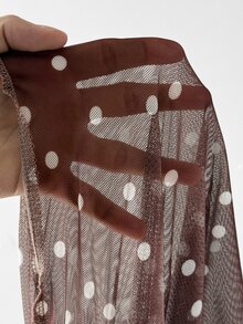 Maweii Plus Size Women's Brown Polka Dot Mesh Long Sleeve Waist Twist High Slit Sheer Maxi Bodycon Dress - Brown - View 7