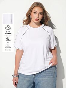 Maija Plus Size Rivet Decorated Sexy Crew Neck Short Sleeve T-Shirt For Daily Wear - White - View 2