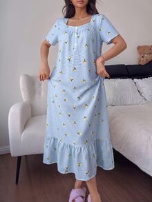 Napfluff Lemon Plaid Print Ruffle Trim Mid-Length Loose Short Sleeve Women's Nightgown - Blue - View 3
