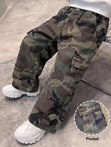Young Boy Fashion Casual Camouflage Pattern Loose And Comfortable Jeans - Army Green - View 4