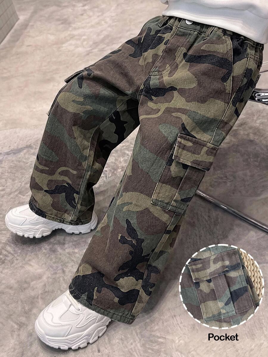 Young Boy Fashion Casual Camouflage Pattern Loose And Comfortable Jeans - Army Green - View 1