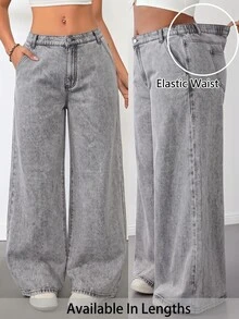 SHEIN Tall CURVE 大尺碼時尚街頭風鈕扣口袋寬鬆牛仔褲 - 淺灰色 - 查看 2