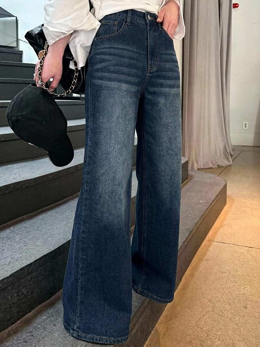 DAZY 女款寬鬆高腰修身直筒牛仔褲,極簡百搭舒適長褲 - 藍色 - 查看 1