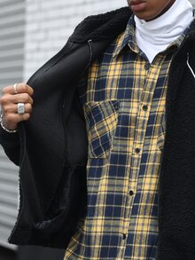 Major Grit 男士羊羔絨拉鍊外套 黑白對比色 百搭款 秋冬適用 - 黑色 - 查看 6