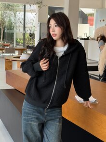 K-Vae 女款秋冬黑色紋理連帽夾克，寬鬆修身拉鍊運動衫 - 黑色 - 查看 5