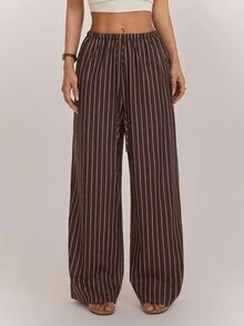 SHEIN PETITE Brown Striped Straight-Leg Trousers For Petite Women – Loose, Casual, And Suitable For Work. - Brown - View 3