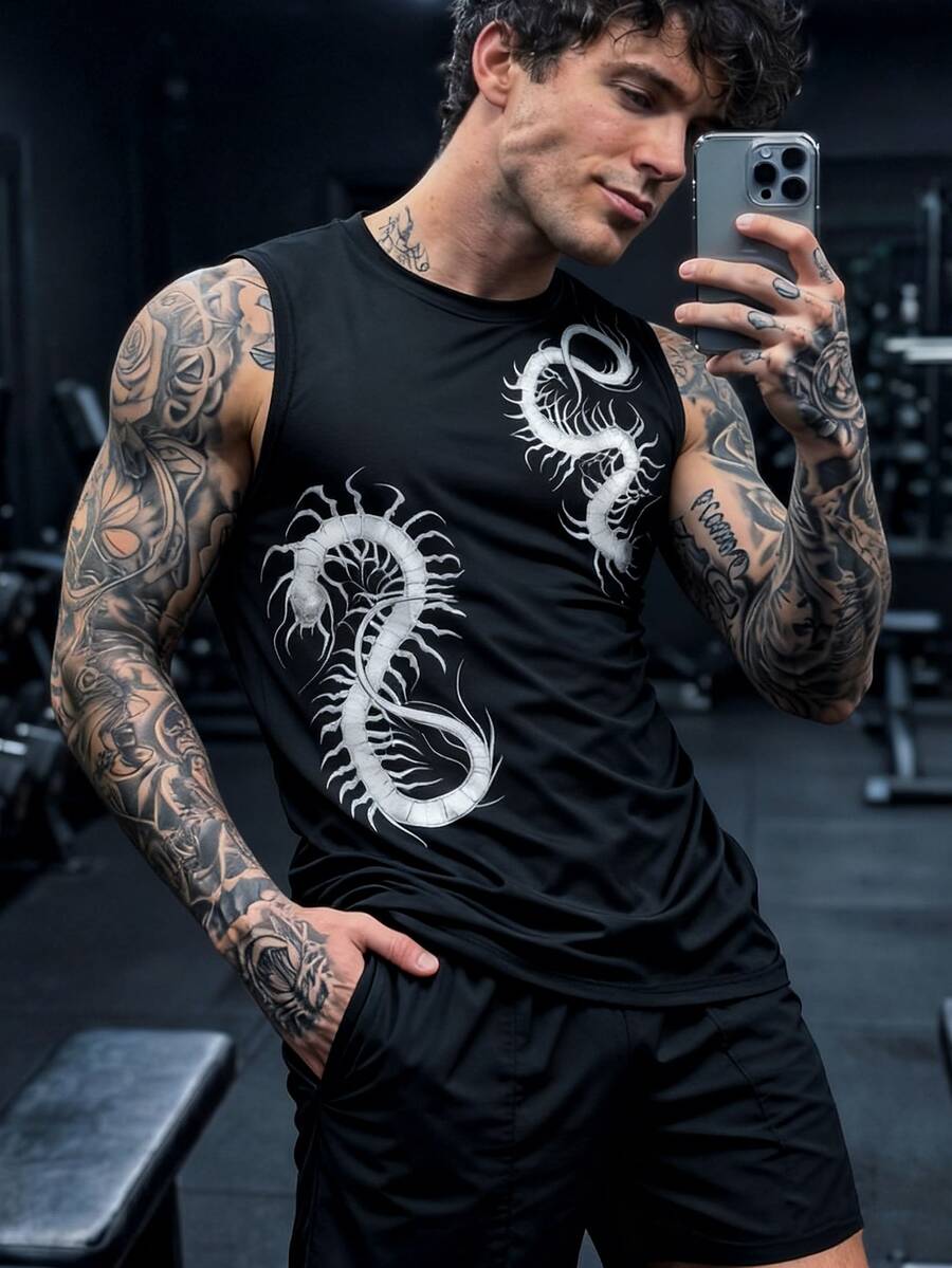 GymBeat Men's Centipede Print Crew Neck Casual Fitness Sports Tank Top - Black - View 1