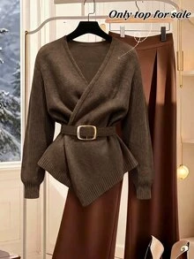 GlowEve Women's Gray V-Neck Asymmetrical Hem Sweater, Spring/Autumn New Style Lace-Up Waist Knitted Cardigan Top, Versatile Daily Wear - Coffee Brown - View 6