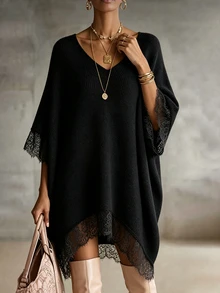 Women's Lace Patchwork Asymmetrical Hem Sweater Dress - Black - View 4