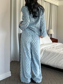 DAZY Women's Comfortable Lace Patchwork Long Sleeve Top And Soft Knit Long Pants Pajama Set - Blue - View 2