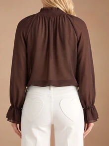 Juhart Plus Size Deep Brown Chiffon Blouse With Frill Trim, Gathered Stand Collar And Tie Detail - Coffee Brown - View 2