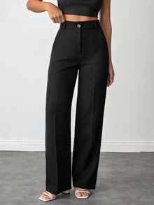 EURMUSE Plus Size Women Solid Color High Waist Straight Leg Pants For Everyday Wear - Black - View 1