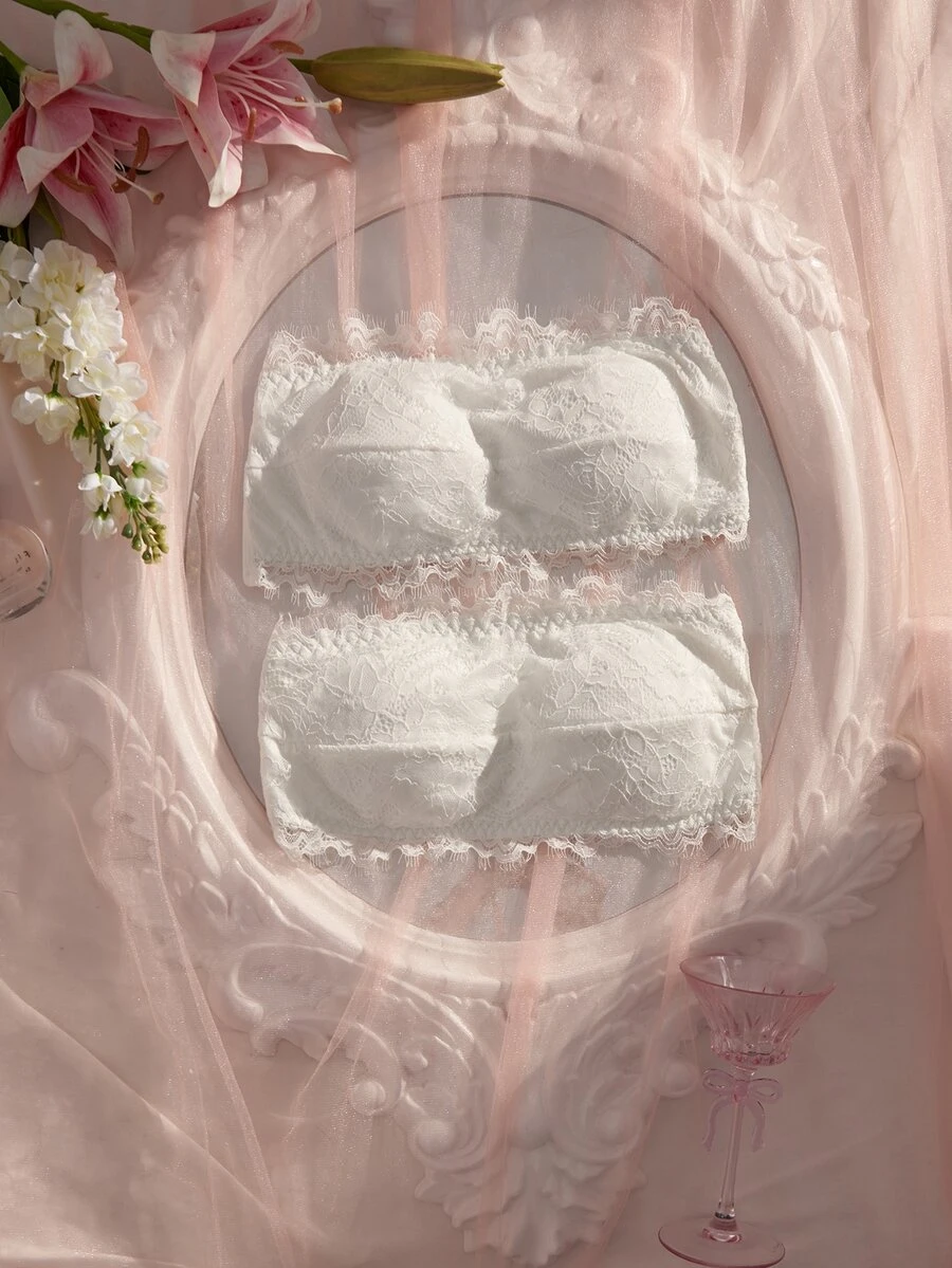 Crystal Vow Lace Eyelash Cross Back Bandeau Bra - White - View 1