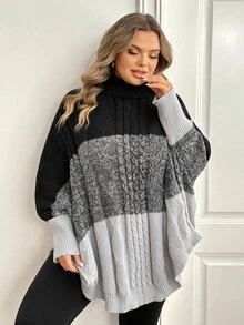 SHEIN CURVE+ كنزة نسائية مقاس كبير بألوان متباينة كاجوال للاستخدام اليومي بأكمام طويلة - متعدد الألوان - مشاهدة 8