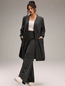 EMERY ROSE Plus Size Women Solid Color Long Sleeve Single-Breasted Jacket And Pants Casual 2 Pieces Set Fall - Dark Grey - View 6