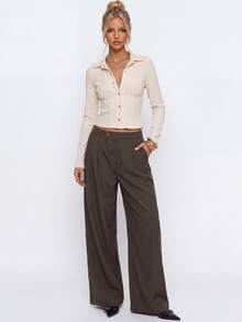 Avantive Women's Solid Color Asymmetric Button Placket Pocket Casual Suit Pants - Rust Brown - View 9