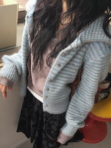 DAZY Women's Light Blue & Beige Striped Collared Button-Up Loose Short Fuzzy Knit Cardigan Jacket - Blue - View 2