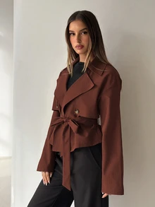 Aloruh Women's Elegant Street Style Button Lapel Trench Coat - Rust Brown - View 3