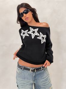 BAD SUNDAY Women's Autumn/Winter Star Pattern High Neck Long Sleeve Cropped Sweater, Y2K Hot Girl Style - Black - View 5