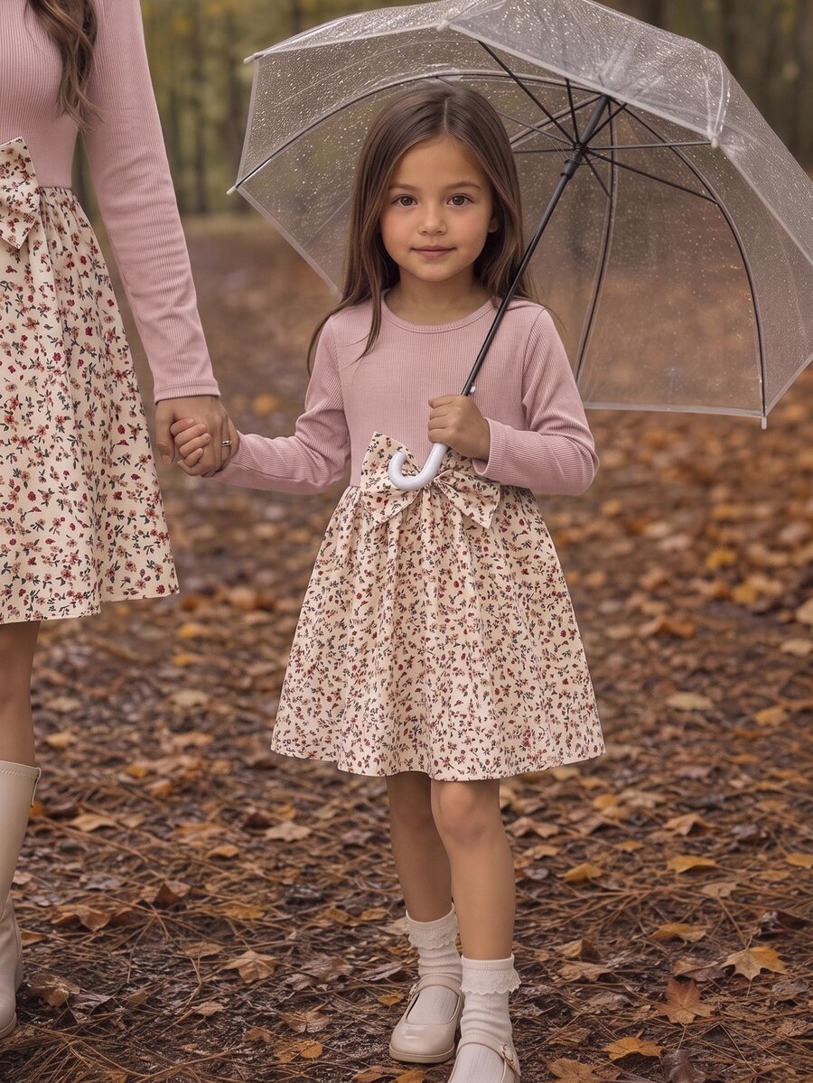 Emery Rose Kids Emery Rose Kids 女童小女孩可愛拼接洋裝,復古棕色羅紋上衣配蝴蝶結與碎花裙,長袖公主裙,適合春夏秋季 - 粉色 - 查看 1