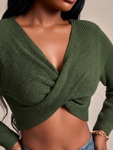 SHEIN SXY Army Green Twisted V-Neck Slim Fit Long Sleeve Cropped Sweater - Army Green - View 8