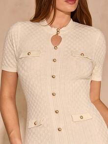 Enchnt Elegant Button Decor Round Neck Short Sleeve Fitted Sweater Dress Suitable For Daily Wear - Apricot - View 3