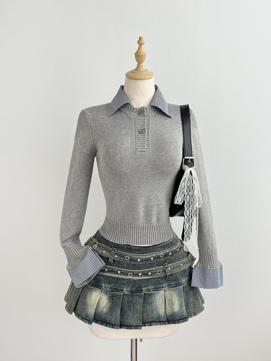 Elamini Women's Autumn/Winter Fashion Versatile Minimalist Casual Commute Lazy Preppy Style 2 In 1 Pullover Sweater - Grey - View 1