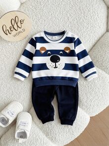 SHEIN 2件組新生兒套頭衫+長褲水手造型套裝，嬰兒套頭衫與休閒長褲套裝，嬰兒長褲套裝 - 藏蓝色 - 查看 6