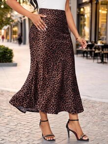 SHEIN Lady تنورة نسائية بطبعة نمر ضيقة عصرية كاجوال متعددة الاستخدامات - كاكي - مشاهدة 5