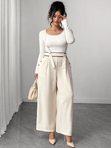 Elenzga Plus Size Colorblock Woven Wide Leg Overalls With Wide Strap, Button Detail At Waist Connection, Fashionable Retro Casual Commute Vacation Pastoral Style Jumpsuit - Apricot - View 3