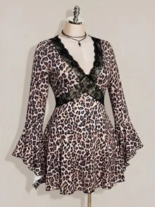 SHEIN ICON Women's Plus Size Lace Patchwork Leopard Print Dress - Khaki - View 5
