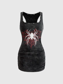 ROMWE Grunge Punk Streetwear Fitted Washed Knit Spider Print Women's Mini Dress - Dark Grey - View 1