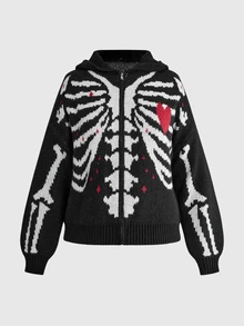ROMWE Dark Gothic Christmas Plus Size Women's Hooded Knit Cardigan, Skeleton Heart Pattern Plush Collar Zipper Design, Punk Music Festival Sweater Jacket - Black - View 1