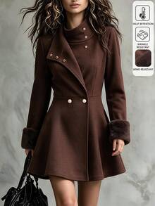 Yalmera Women's Autumn/Winter Patchwork Fur Cuff Stand Collar Elegant Overcoat - Brown - View 1