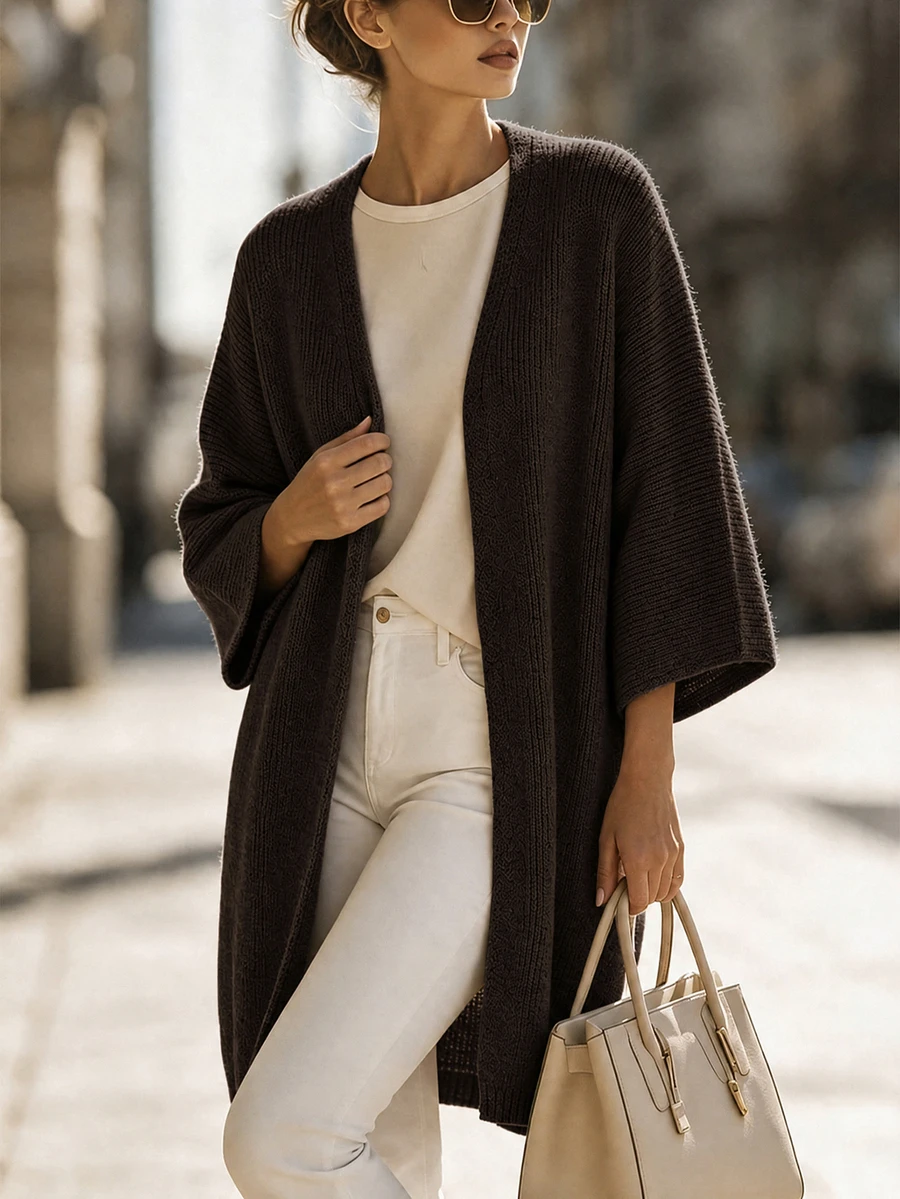 SHEIN Women's Solid Color 3/4 Sleeve Open Front Loose Knit Cardigan - Coffee Brown - View 1