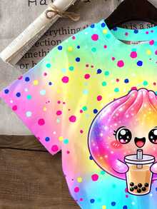 Tween Girl Casual Minimalist Cute Fun Squeeze Bun Pattern, Glitter, Rhinestone Bun, Tie-Dye, Round Neck Short Sleeve T-Shirt, Suitable For Summer, Kawaii, Graphic, Tops, Cute Tops, Easy Comfort - 彩色 - 查看 5
