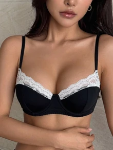 DAZY 白色蕾絲聚攏棉杯性感蕾絲拼接女款內衣 - 黑色 - 查看 1