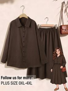 Rusticease Plus Size Women's Striped Long Sleeve Single-Breasted Shirt And Skirt Casual 2 Pieces Set - Brown - View 1
