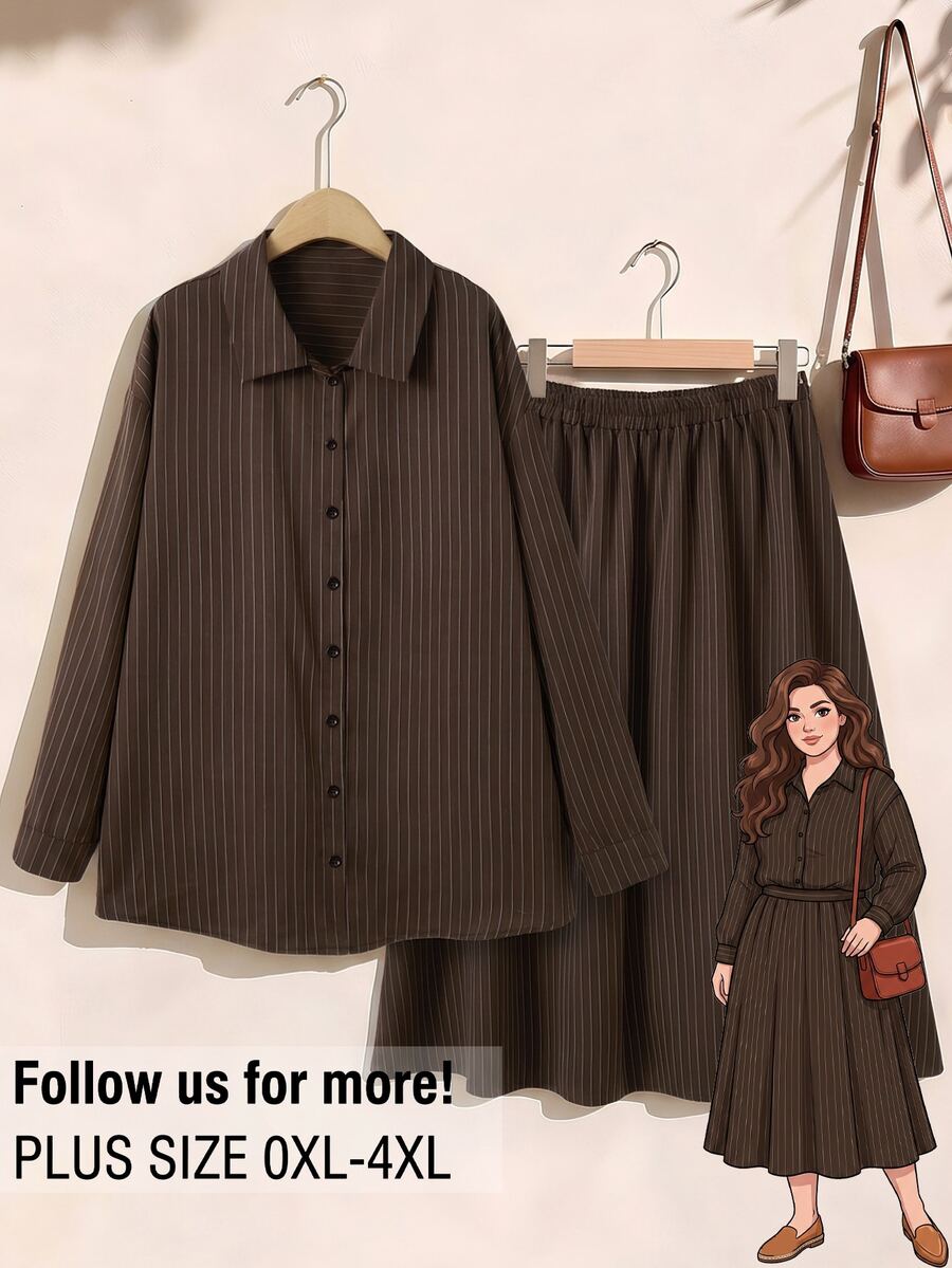 Rusticease Plus Size Women's Striped Long Sleeve Single-Breasted Shirt And Skirt Casual 2 Pieces Set - Brown - View 1