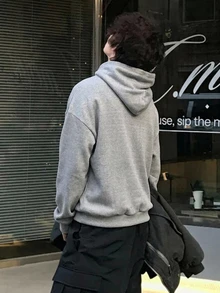 DAZY 秋冬灰色保暖內裡拼接灰色豹紋印花口袋寬鬆街頭風男士衛衣 - 灰色 - 查看 2