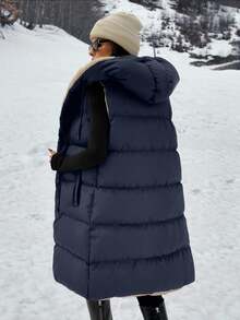 SHEIN Clasi Two-Tone Reversible Padded Zipper Front Pockets Drawstring Hood Vest Jacket - Navy Blue - View 2