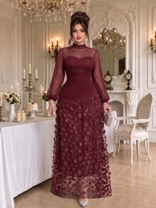Roveilla Plus Size 2027 New Party Style New Year Christmas Valentine's Day 3D Floral Long Dress - Burgundy - View 5