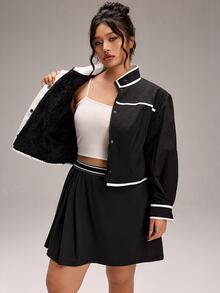 SHEIN BASICS Plus Size Women Black Contrast Trim Zip Up Lightweight Jacket Long Sleeve Casual Jacket Winter - Black - View 8