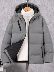 SHEIN 男童戶外運動保暖舒適簡約拉鍊純色耐髒黑色加厚外套 - 灰色 - 查看 3