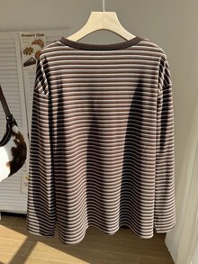 Comfortcana Plus Size Autumn/Winter Vintage Stretch Knit Striped Textured Loose Drop Shoulder Long Sleeve T-Shirt - Brown - View 2