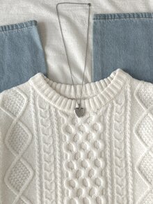 SHEIN 青少年女孩秋冬圓領長袖麻花編織寬鬆毛衣，適合日常穿著、上學、通勤，百搭款 - 米色 - 查看 4