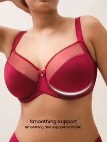 LUVLETTE Plus Unlined Full Coverage Side Support Christmas Red Mesh Sheer Basic Breezy Comfort Minimizer Women Lingerie Intimates Bra - Red - View 2