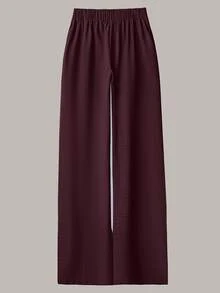 SHEIN LUNE 大尺碼女款休閒兩件套，純色翻袖單排扣休閒通勤襯衫與高腰寬鬆寬腿長褲套裝 - 中紫紅色 - 查看 8