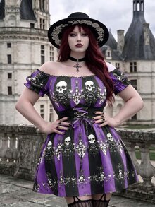 Whyspr Gaun Ukuran Plus Terbaru untuk Halloween, Model A-Line dengan Motif Tengkorak, Bahu Terbuka, Patchwork Renda, dan Potongan Pinggang yang Mengencangkan. - MultiWarna - View 1