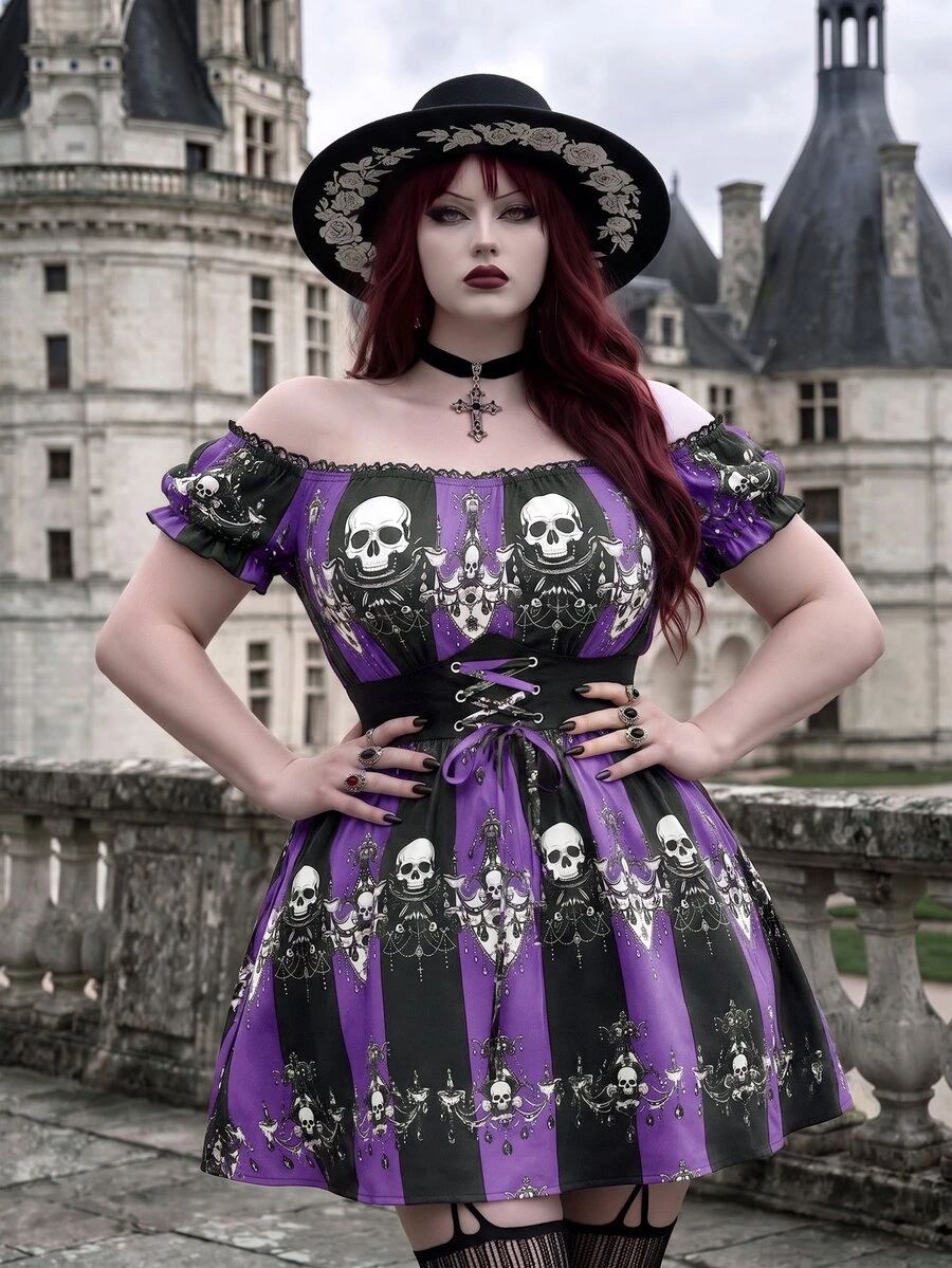Whyspr Gaun Ukuran Plus Terbaru untuk Halloween, Model A-Line dengan Motif Tengkorak, Bahu Terbuka, Patchwork Renda, dan Potongan Pinggang yang Mengencangkan. - MultiWarna - View 1